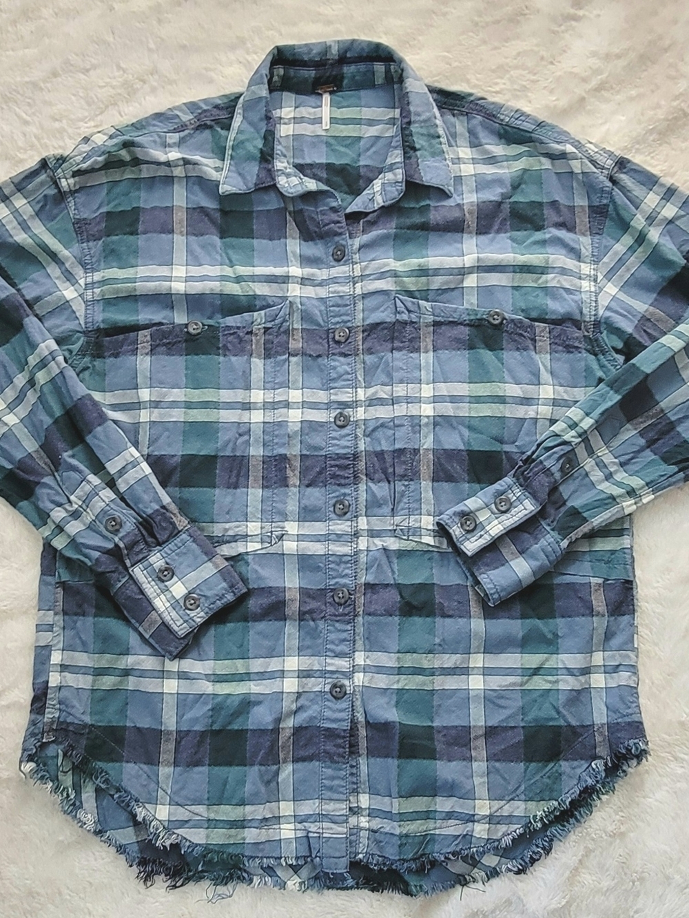 Free People Blue Green Plaid Button-Up Shirt